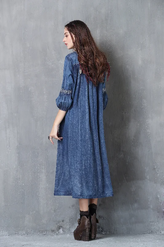 3/4 PUFF SLEEVE V-NECK EMBROIDERY DENIM LOOSE DRESS