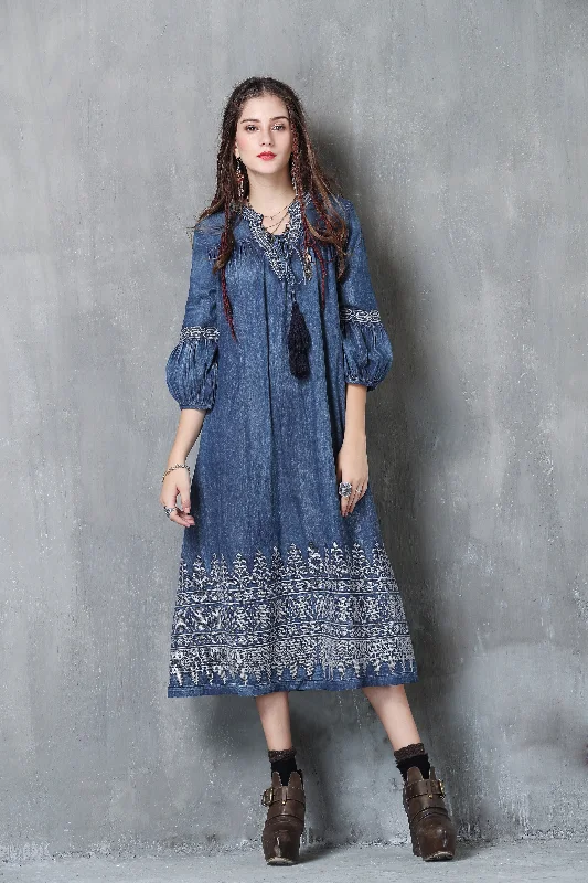 3/4 PUFF SLEEVE V-NECK EMBROIDERY DENIM LOOSE DRESS