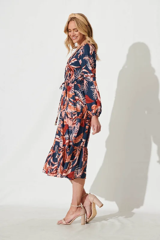 Ti Amo Midi Dress In Navy With Rust Floral Print