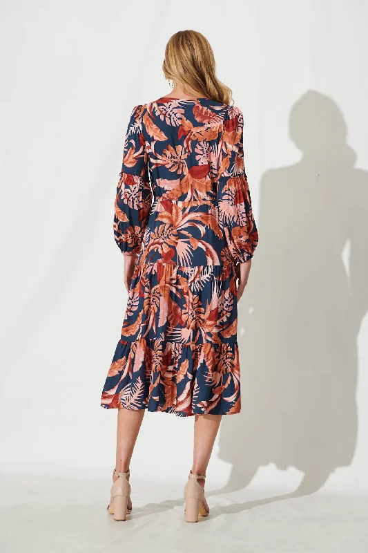 Ti Amo Midi Dress In Navy With Rust Floral Print