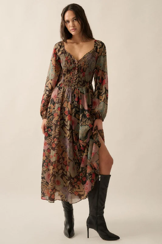 Steph Smocked Button-Front Maxi Dress in Black Floral