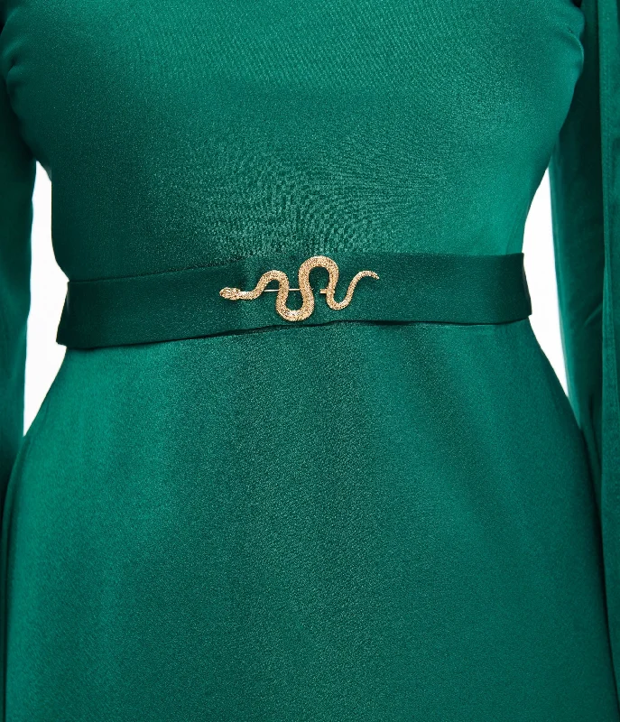 Unique Vintage 1920s Emerald Satin & Snake Pin Evening Gown