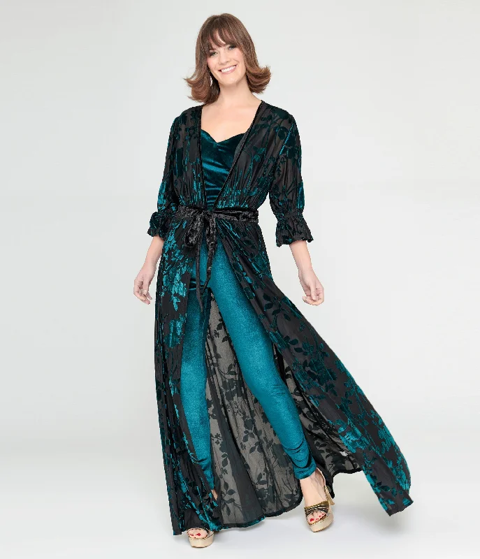 Preorder- Unique Vintage Black & Teal Floral Velvet Burnout Duster