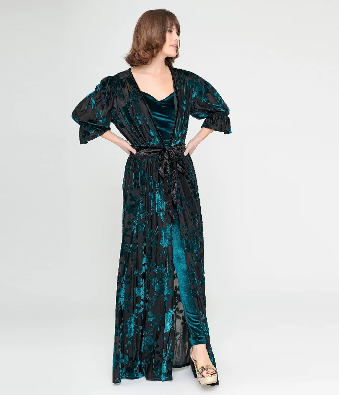 Preorder- Unique Vintage Black & Teal Floral Velvet Burnout Duster