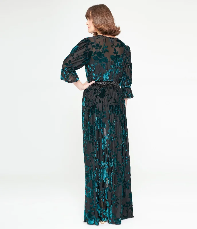 Preorder- Unique Vintage Black & Teal Floral Velvet Burnout Duster