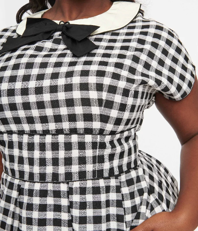 Unique Vintage Plus Size 1950s White & Black Gingham Swing Dress