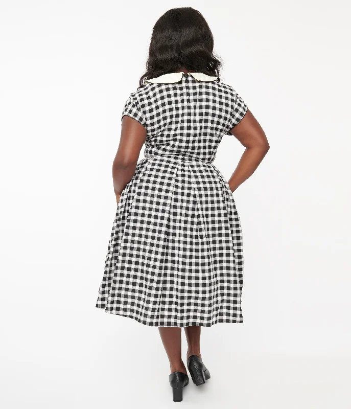 Unique Vintage Plus Size 1950s White & Black Gingham Swing Dress