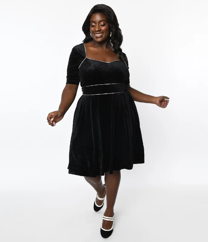 Unique Vintage Plus Size Black Floral Embossed Velvet Bolero Flare Dress