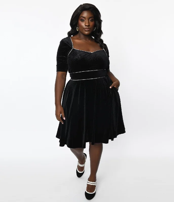 Unique Vintage Plus Size Black Floral Embossed Velvet Bolero Flare Dress