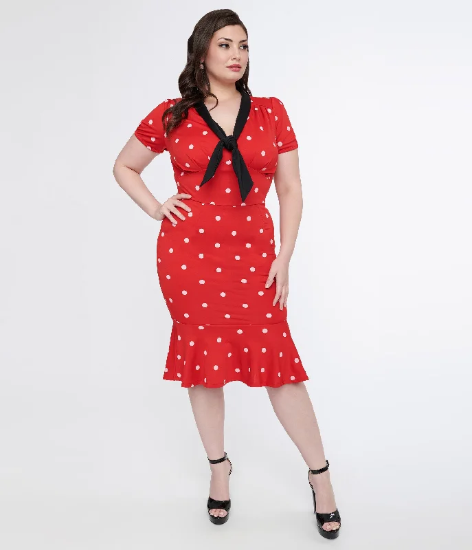 Unique Vintage Plus Size Red & White Polka Dot Neck Tie Wiggle Dress