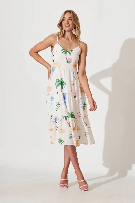 Utopia Midi Sundress In Palm Tree Multi Linen Blend