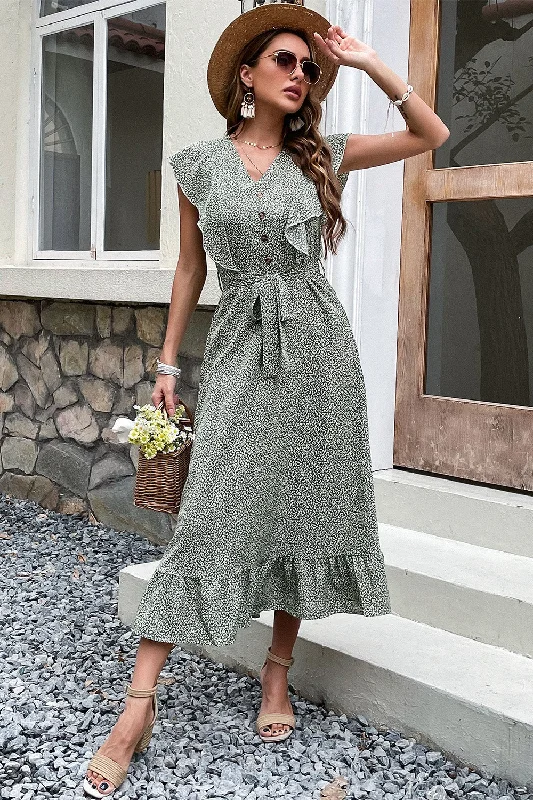 V Neck High Waist Green Summer Dress