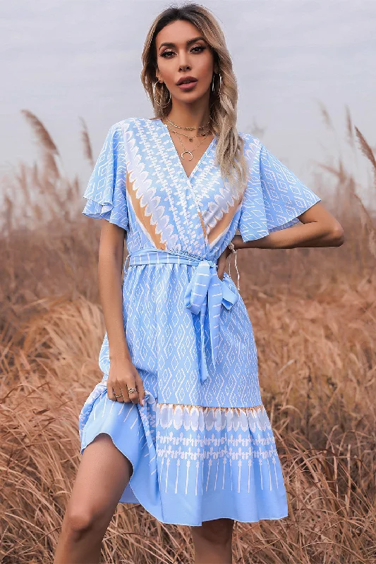 V Neck Print Summer Dress Short Sleeves