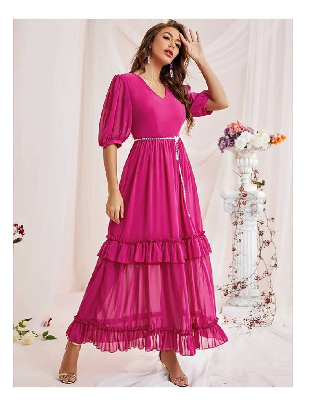 V Neck Short Sleeve Tiered Maxi Dress