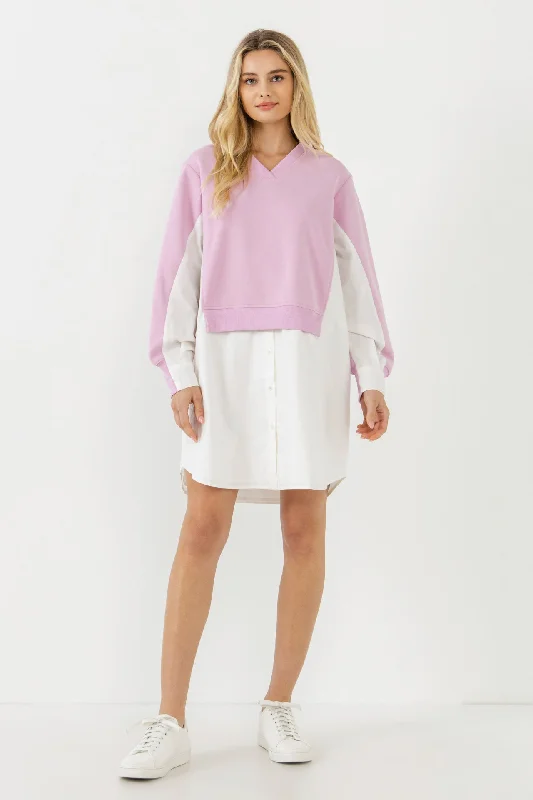 V-neck Sweatshirts Dress with Poplin