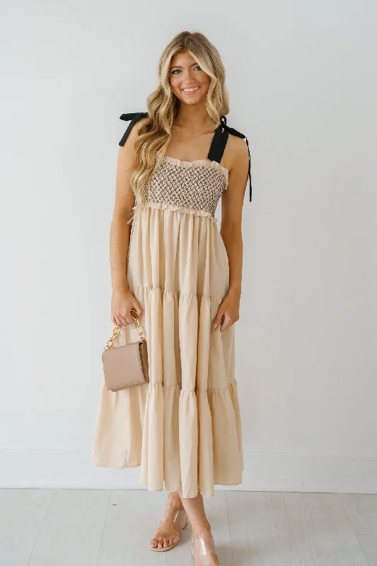 Rachael Shoulder Tie Maxi Dress - Beige