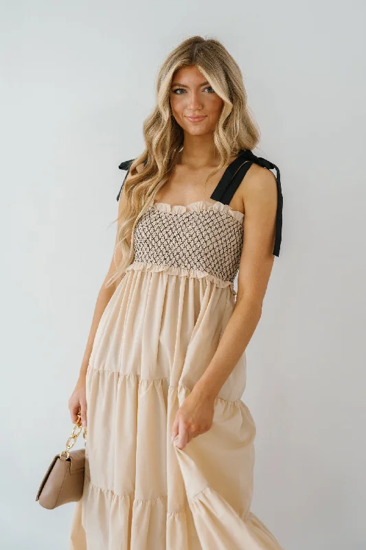 Rachael Shoulder Tie Maxi Dress - Beige