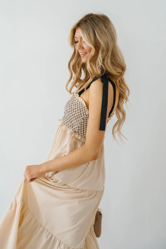 Rachael Shoulder Tie Maxi Dress - Beige