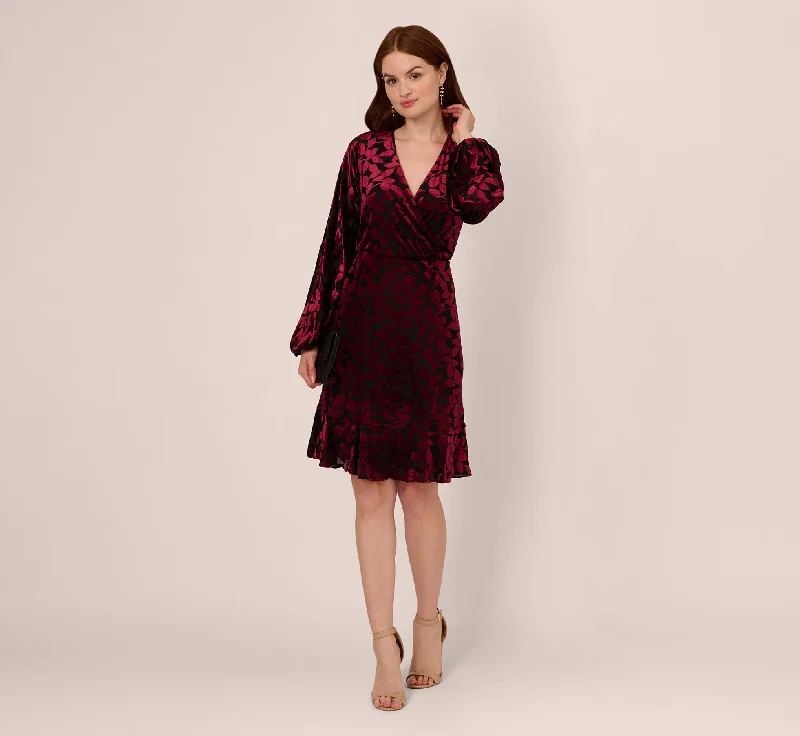 Velvet Burnout Faux Wrap Dress With Long Bishop Sleeves In Burgundy Black