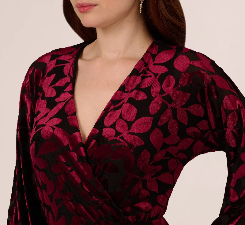 Velvet Burnout Faux Wrap Dress With Long Bishop Sleeves In Burgundy Black