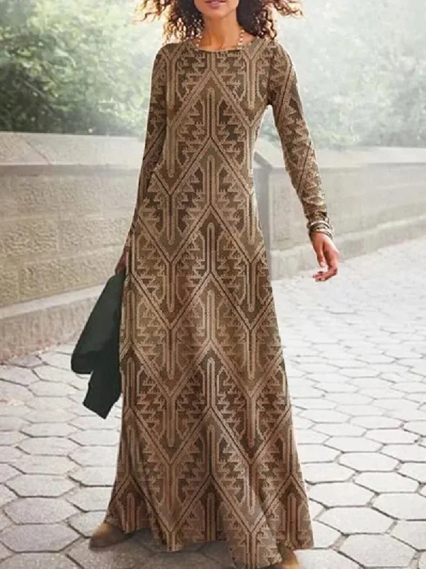 Amy Fashion - Vintage Geometric Print Long Sleeve Boho Dress