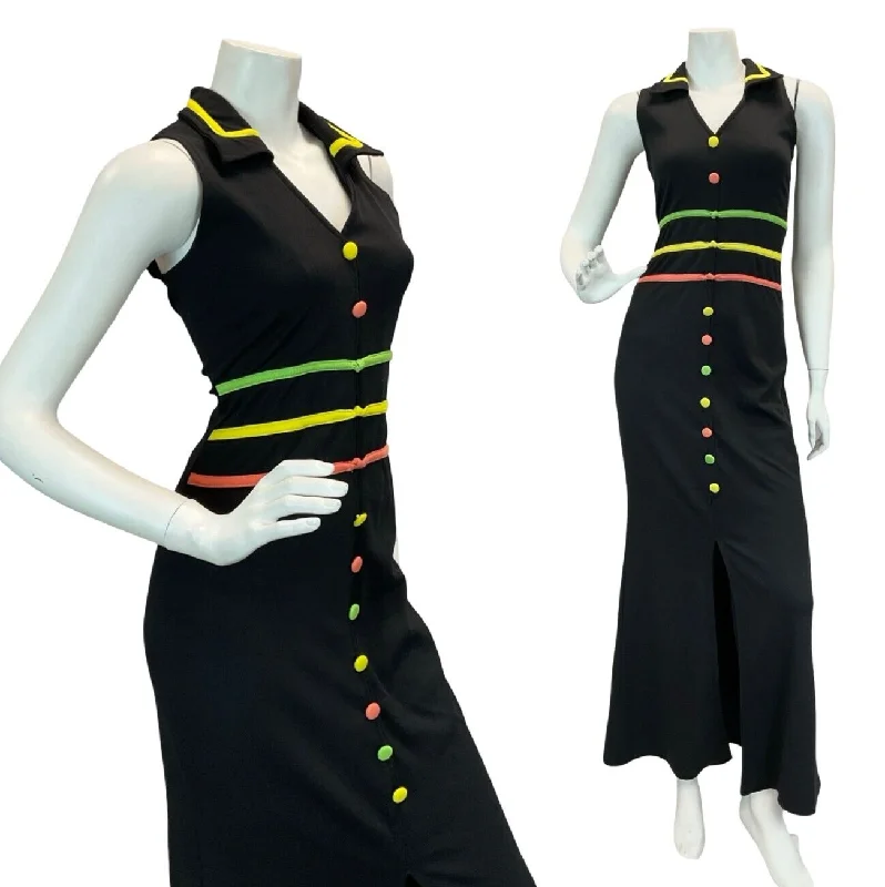 VTG 90S 70S GLAM ROCK STYLE CLUB BLACK ORANGE GREEN YELLOW MAXI DRESS 10