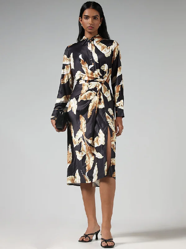 Wardrobe Black Leaf Printed Ruched Wrap Dress