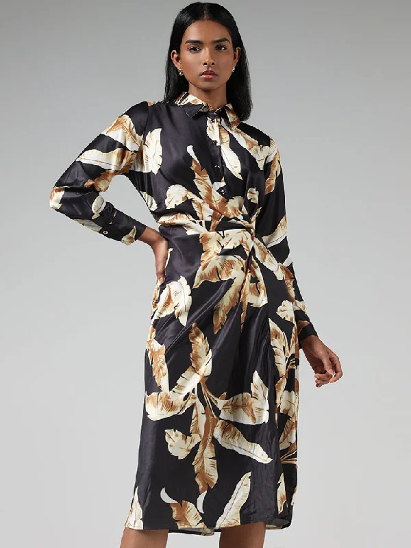 Wardrobe Black Leaf Printed Ruched Wrap Dress