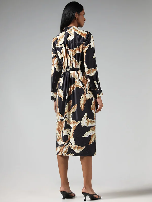 Wardrobe Black Leaf Printed Ruched Wrap Dress