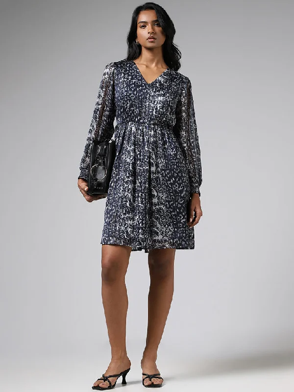 Wardrobe Dark Grey Abstract Printed A-Line Dress