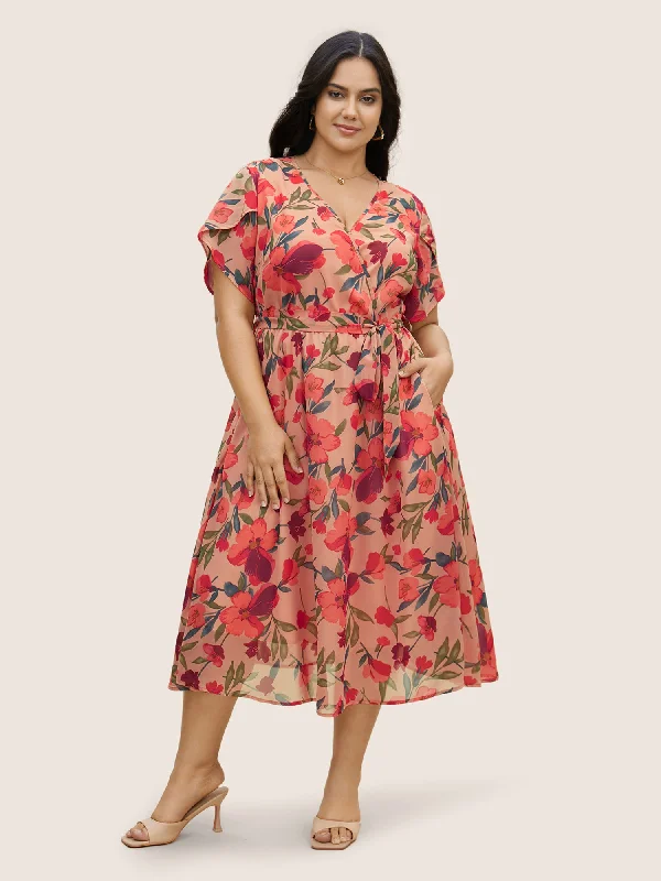 Watercolor Floral Patchwork Petal Sleeve Belted Dress