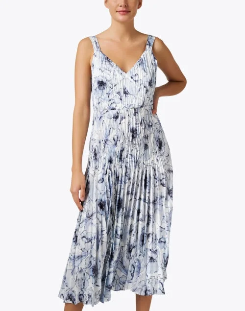 White and Blue Floral Pleated Dress