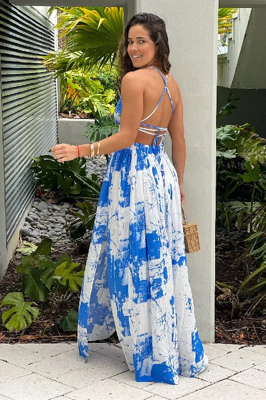 White And Blue Printed Maxi Dress With Cut Outs