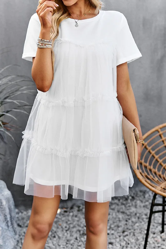 White Tulle Short Sleeves Short Casual Dress