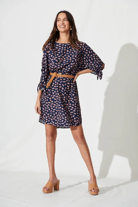 Wilder Shift Dress In Navy With Rust Leaf