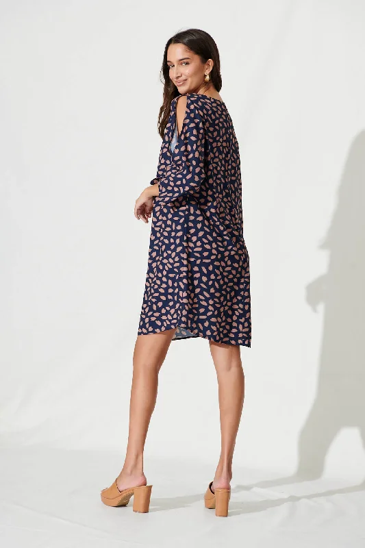 Wilder Shift Dress In Navy With Rust Leaf