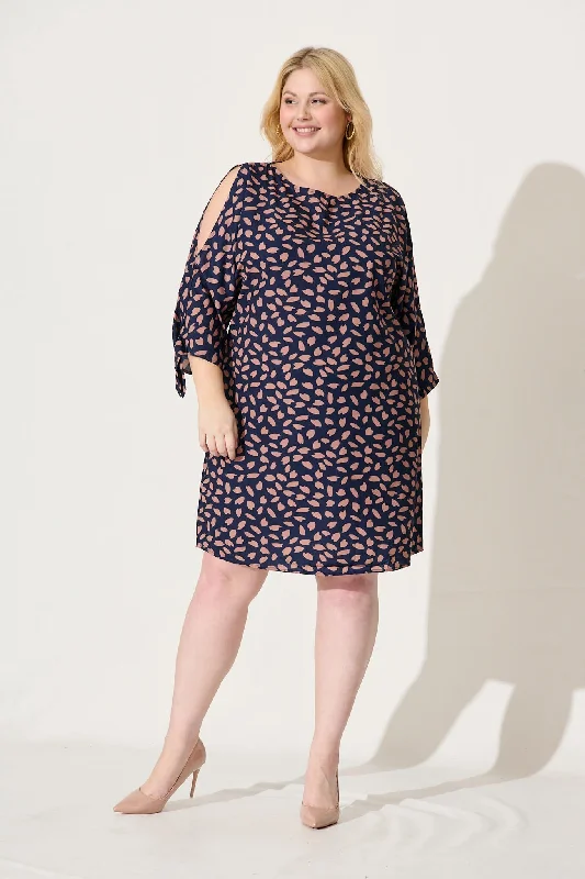 Wilder Shift Dress In Navy With Rust Leaf