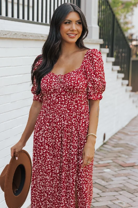 Wine Floral Print Smocked Maxi Dress