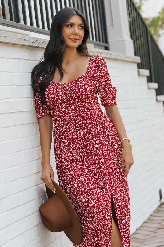 Wine Floral Print Smocked Maxi Dress