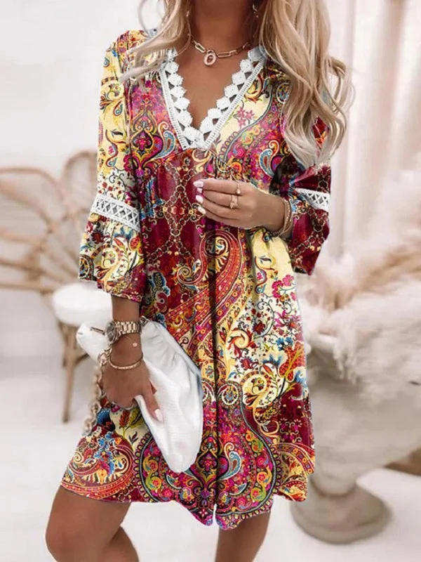 Women's V-neck printed lace paneled bohemian dress