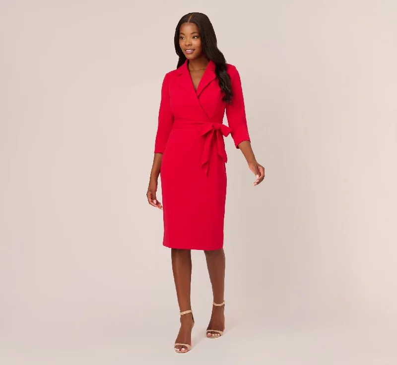 Wrap Front Dress With Three-Quarter Sleeves In Hot Ruby