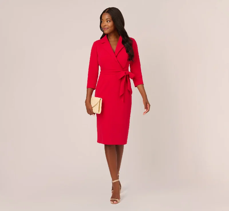 Wrap Front Dress With Three-Quarter Sleeves In Hot Ruby