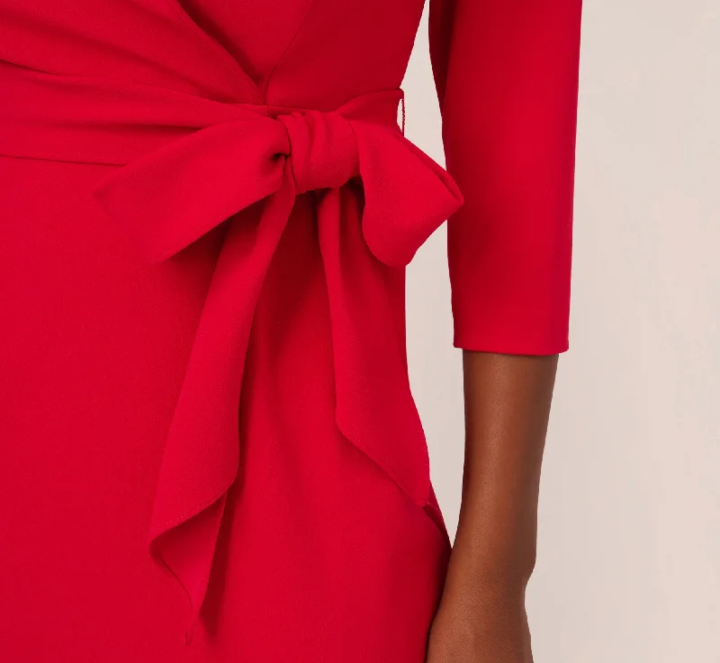 Wrap Front Dress With Three-Quarter Sleeves In Hot Ruby