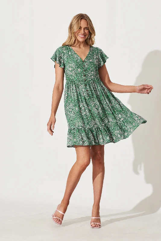 Yarraville Dress In Green With Cream Floral Print