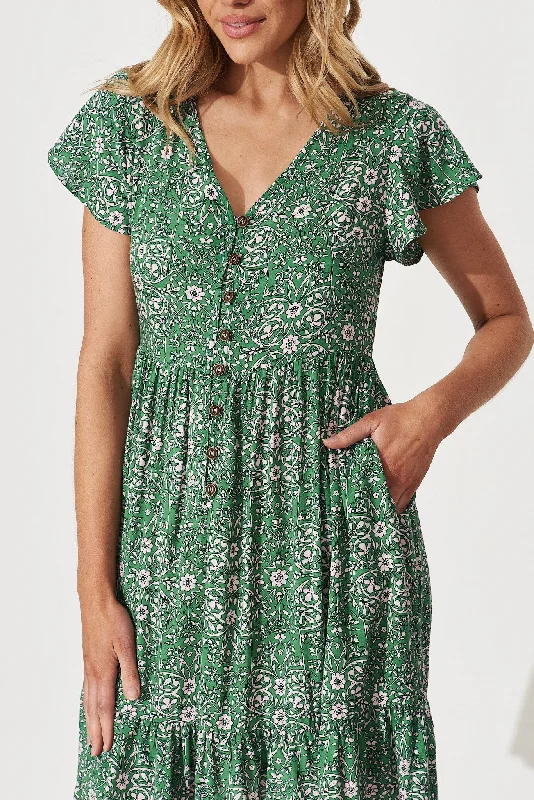 Yarraville Dress In Green With Cream Floral Print