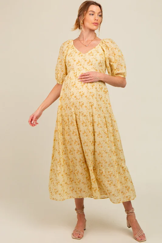 Yellow Floral V-Neck Tiered Maternity Midi Dress