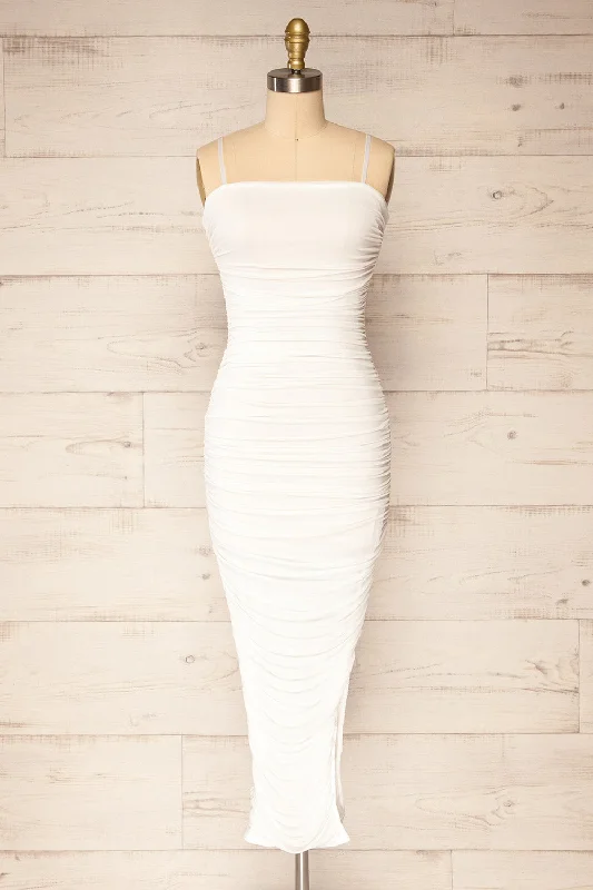 Yurtof White | Fitted Ruched Midi Dress