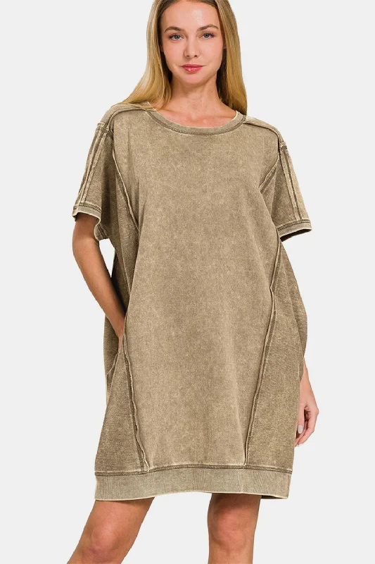 Mocha  Washed Exposed Seam Mini Tee Dress